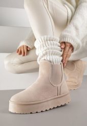 Beżowe Śniegowce na Platformie Typu Sztyblety Ahelina. Brązowe śniegowce Renee, bez wzorów, z jeansu, bez zapięcia. Za 89.99 zł.