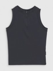 4F Crop-top slim damski - czarny M. Czarne topy 4f, m, bez wzorów, z dzianiny, sportowe, bez kołnierzyka, bez ramiączek. W wyprzedaży za 49.99 zł.
