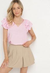 Jasnoróżowa Bluzka z Wiskozą Ozdobiona Falbankami Divestra. Czerwone bluzki Born2be, s, bez wzorów, z jeansu, eleganckie, bez kołnierzyka, bez ramiączek. Za 79.99 zł.
