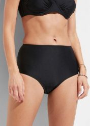 Figi bikini z wysokim stanem i lekkim efektem modelowania sylwetki. Czarne bikini bonprix, bez wzorów. Za 77.99 zł.