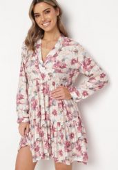 Beżowo-Różowa Sukienka Mini w Kwiaty z Rozkloszowanym Falowanym Dołem Darae. Brązowe sukienki Born2be, l, bez wzorów, bez kołnierzyka, bez ramiączek, mini, kopertowe. W wyprzedaży za 76.99 zł.