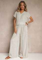 Biało-Niebieskie Szerokie Spodnie High Waist w Paski z Bawełny Silorea. Białe jeansy Renee, bez wzorów, z bawełny, eleganckie, z podwyższonym stanem. W wyprzedaży za 75.99 zł.