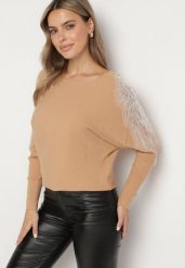 Ciemnobeżowy Sweter z Wiskozą Ozdobiony Cekinami i Koralikami Nevalisse. Brązowe swetry Born2be, m, bez wzorów, z jeansu, eleganckie, bez ramiączek. W wyprzedaży za 76.49 zł.