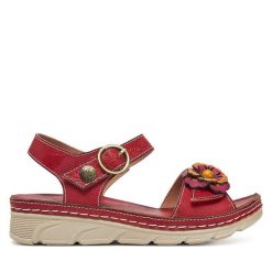 Sandały Laura Vita. Czerwone sandały LAURA VITA, bez wzorów, bez obcasa, na koturnie, bez zapięcia. Za 349.99 zł.