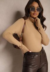 Ciemnobeżowy Golf Sweter o Dopasowanym Kroju z Kaszmirem Zairith. Brązowe swetry Renee, z aplikacjami, z jeansu, biznesowe, bez ramiączek. Za 89.99 zł.