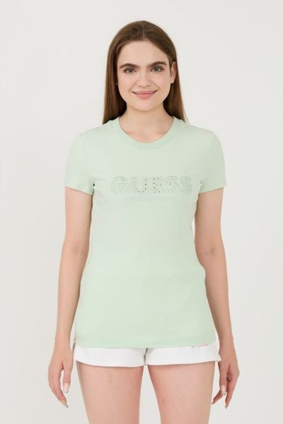 GUESS Zielony damski t-shirt Sangallo Tee, Rozmiar L. Zielone t-shirty Guess, l, z aplikacjami, bez kołnierzyka, bez ramiączek. W wyprzedaży za 149.99 zł.