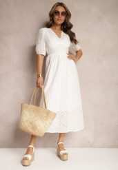 Biała Sukienka z Bawełny o Haftowanym Wykończeniu z Gumką w Talii Lomeda. Białe sukienki Renee, na imprezę, m, bez wzorów, z bawełny, eleganckie, bez kołnierzyka, bez ramiączek, maxi. W wyprzedaży za 119.99 zł.