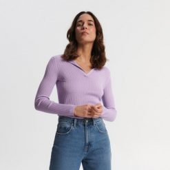 Sweter w prążki - Fioletowy. Fioletowe swetry Sinsay, l, bez wzorów, bez ramiączek. Za 49.99 zł.