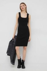 Calvin Klein sukienka kolor czarny midi dopasowana. Czarne sukienki Calvin Klein, l, bez wzorów, z acetatu, bez kołnierzyka, bez ramiączek, midi, dopasowane. Za 899.99 zł.