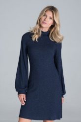 Dzianinowa Sukienka z Golfem - Granatowa. Czarne sukienki Figl, m, bez wzorów, z dzianiny, bez kołnierzyka, bez ramiączek, rozkloszowane. Za 289.00 zł.