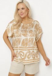 Beżowa Bluzka Nietoperz z Wiskozy w Abstrakcyjny Print Jenoloria. Brązowe bluzki Born2be, xl, bez wzorów, z jeansu, eleganckie, bez kołnierzyka, bez ramiączek. Za 69.99 zł.