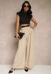Beżowe Eleganckie Szerokie Spodnie Garniturowe z Wiskozą Ozdobione Paskiem Ravinae. Brązowe jeansy Renee, l, bez wzorów, z jeansu, eleganckie. W wyprzedaży za 75.99 zł.