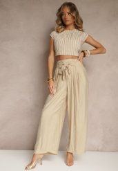 Beżowe Wiskozowe Spodnie High Waist o Szerokim Kroju Aranisa. Brązowe jeansy Renee, m, z aplikacjami, z jeansu, eleganckie, z podwyższonym stanem. W wyprzedaży za 67.99 zł.