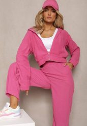 Fuksjowy Sztruksowy Komplet Dresowy Luźne Spodnie i Rozpinana Bluza z Kapturem Compia. Czerwone bluzy Renee, m, bez wzorów, z dresówki, bez ramiączek, z kapturem. W wyprzedaży za 67.99 zł.