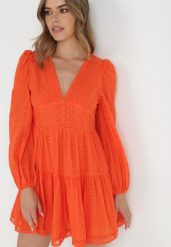Pomarańczowa Sukienka Merirah. Brązowe sukienki Born2be, m, z aplikacjami, z bawełny, bez kołnierzyka, bez ramiączek, mini, rozkloszowane. W wyprzedaży za 152.99 zł.