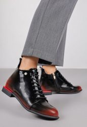 Czarno-Czerwone Lakierowane Botki Vices w Stylu Trzewików Jenisse. Czarne botki Born2be, bez wzorów, z jeansu, biznesowe, bez obcasa, na płaskiej podeszwie, bez zapięcia. Za 89.99 zł.