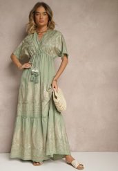 Zielona Wiskozowa Sukienka Boho o Kopertowym Kroju z Metalicznym Haftem Redeselle. Zielone sukienki Renee, na co dzień, m, z aplikacjami, z wiskozy, boho, bez kołnierzyka, bez ramiączek, maxi, kopertowe. W wyprzedaży za 91.99 zł.