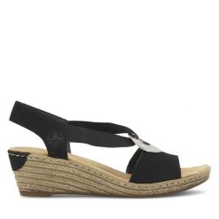 Sandały Rieker. Czarne sandały Rieker, bez wzorów, bez obcasa, na koturnie, bez zapięcia. Za 299.99 zł.