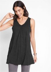 Długi top z kreszowanego materiału. Czarne topy bonprix, bez wzorów, bez kołnierzyka, bez ramiączek. Za 67.99 zł.