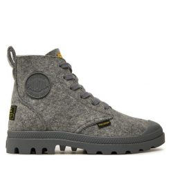 Trapery Palladium. Szare traperki Palladium, bez wzorów, bez obcasa, bez zapięcia. Za 499.99 zł.