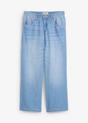 Dżinsy Straight, mid waist, z wygodnym paskiem, łów stretch, cropped. Niebieskie jeansy bonprix, bez wzorów, z bawełny, krótkie. Za 107.99 zł.
