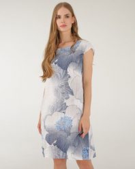 LNIANA SUKIENKA W DUŻE KWIATY. Sukienki Unisono, na co dzień, l, bez wzorów, prążkowane, bez kołnierzyka, bez ramiączek, mini, proste. Za 189.00 zł.