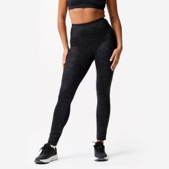 Legginsy fitness damskie Domyos. Czarne legginsy sportowe DOMYOS, l, bez wzorów, z materiału, z podwyższonym stanem, na fitness i siłownię. Za 79.99 zł.