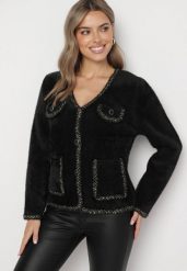 Czarny Sweter Kardigan z Ozdobnymi Guzikami i Kieszeniami Przeszyty Metaliczną Nicią Getira. Czarne swetry Born2be, l, bez wzorów, z jeansu, eleganckie, bez ramiączek. W wyprzedaży za 93.49 zł.