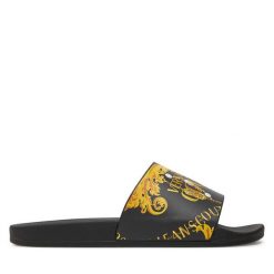 Klapki Versace Jeans Couture. Czarne klapki Versace Jeans Couture, bez wzorów, z jeansu, bez obcasa, bez zapięcia. Za 379.99 zł.