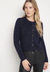 Granatowy Kardigan z Wełną o Prostym Kroju z Okrągłym Dekoltem Reissima. Niebieskie swetry Born2be, m, bez wzorów, z dzianiny, klasyczne, bez ramiączek. Za 129.99 zł.