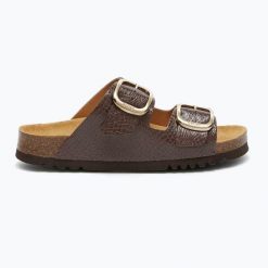 Klapki damskie Scholl Noelle Syntetic Reptile. Brązowe klapki Scholl, bez wzorów, z materiału, sportowe, bez obcasa, bez zapięcia. Za 249.99 zł.