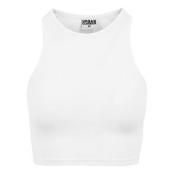 Damski klasyczny miejski crop top w prążki. Białe topy Urban Classics, bez wzorów, prążkowane, klasyczne, bez kołnierzyka, bez ramiączek. Za 36.50 zł.