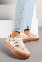 Beżowe Wężowe Sneakersy Typu Kultowe Tenisówki na Niskiej Platformie Olritia. Brązowe trampki Renee, z aplikacjami, z jeansu, casualowe, bez zapięcia. W wyprzedaży za 83.99 zł.