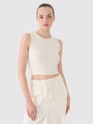 4F Crop top dzianinowy damski - biały S. Białe topy 4f, s, bez wzorów, z bawełny, sportowe, bez kołnierzyka, bez ramiączek. W wyprzedaży za 39.99 zł.