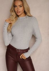 Szary Półgolf Sweter Prążkowany z Bawełną Wiskozą i Guzikami Tiathena. Szare swetry Renee, m, bez wzorów, z bawełny, biznesowe, bez ramiączek. W wyprzedaży za 51.99 zł.