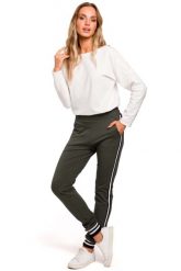 Zielone Dzianinowe Spodnie z Lampasem i Ściągaczami. Zielone spodnie dresowe MOE, bez wzorów, z bawełny. Za 229.90 zł.