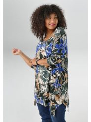 Aniston Bluzka w kolorze antracytowo-beżowo-niebieskim rozmiar: 50. Czarne bluzki Aniston, bez wzorów, z asymetrycznym kołnierzem, bez ramiączek. Za 74.11 zł.