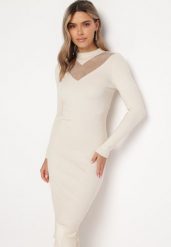 Jasnobeżowa Dzianinowa Sukienka Midi z Półgolfem i Siateczkowym Dekoltem z Cyrkoniami Faelinn. Brązowe sukienki Born2be, na imprezę, m, bez wzorów, z dzianiny, eleganckie, bez kołnierzyka, bez ramiączek, midi. W wyprzedaży za 84.99 zł.