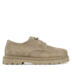 Półbuty Birkenstock. Brązowe półbuty wsuwane Birkenstock, bez wzorów, bez obcasa, na płaskiej podeszwie. Za 469.99 zł.