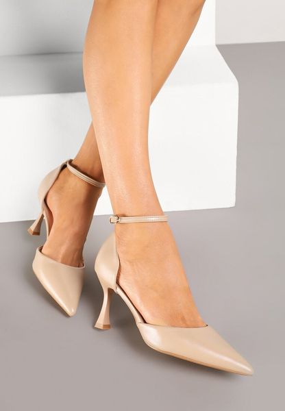 Beżowe Czółenka na Szpilce z Paskiem Wokół Kostki Eleantia. Brązowe czółenka Renee, bez wzorów, biznesowe, bez obcasa, na szpilce, bez zapięcia. Za 89.99 zł.