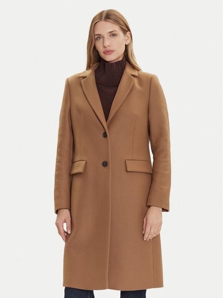 Tommy Hilfiger Płaszcz wełniany WW0WW46547 Beżowy Regular Fit. Brązowe płaszcze Tommy Hilfiger, na zimę, bez wzorów, z wełny, bez kaptura. Za 1,129.00 zł.
