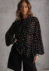 Czarna Półprzezroczysta Koszula w Kropki z Wiskozy i Bawełny z Wiązaniem Delmara. Czarne koszule Renee, m, bez wzorów, z bawełny, retro, bez kołnierzyka, bez ramiączek. Za 109.99 zł.