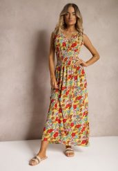 Żółto-Czerwona Rozkloszowana Sukienka w Kwiatowy Print ze Sznureczkami przy Ramionach Wlanda. Żółte sukienki Renee, na imprezę, m, bez wzorów, z materiału, bez kołnierzyka, bez ramiączek, maxi, rozkloszowane. W wyprzedaży za 24.49 zł.