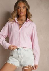 Różowa Koszula Oversize w Prążki Zdobiona Haftem w Serca Nitavela. Czerwone koszule Renee, z aplikacjami, z jeansu, eleganckie, bez kołnierzyka, bez ramiączek. W wyprzedaży za 67.99 zł.