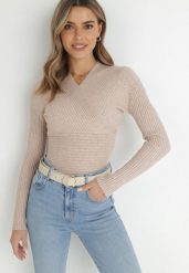 Beżowy Sweter Kopertowy z Prążkowanej Dzianiny Zaki. Brązowe swetry Born2be, s, bez wzorów, z dzianiny, eleganckie, bez ramiączek. Za 44.99 zł.