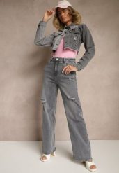 Szare Jeansy High Waist z Szeroką Nogawką Zdobione Przetarciami Liozina. Szare jeansy Renee, l, z aplikacjami, z jeansu, eleganckie, z podwyższonym stanem. W wyprzedaży za 107.99 zł.