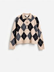 Wełniany sweter polo - beżowy. Brązowe swetry Reserved, l, bez wzorów, z dzianiny, bez ramiączek. Za 299.99 zł.
