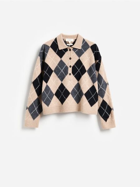 Wełniany sweter polo - beżowy. Brązowe swetry Reserved, l, bez wzorów, z dzianiny, bez ramiączek. Za 299.99 zł.