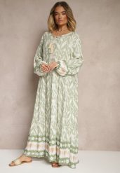 Zielona Wiskozowa Sukienka z Printem w Stylu Boho z Chwostami Erianea. Zielone sukienki Renee, na co dzień, l, bez wzorów, z wiskozy, boho, bez kołnierzyka, bez ramiączek, maxi, proste. W wyprzedaży za 63.99 zł.