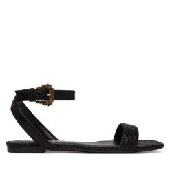 Sandały Versace Jeans Couture. Czarne sandały Versace Jeans Couture, bez wzorów, z jeansu, bez obcasa, na płaskiej podeszwie, bez zapięcia. Za 789.99 zł.